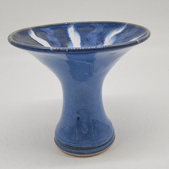 Handmade Blue Ceramic Candle Holder Vase Unique White Drip Artist Signed - Picture 7 of 7